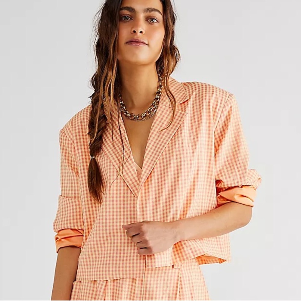 The Ragged Priest New Size XS‎ Orange Gingham Cropped Boxy Jacket Blazer